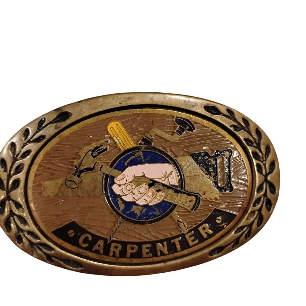 Vintage Carpenter Emblem Hammer Saw Skrew Driver Hand Solid Brass Belt Buckle